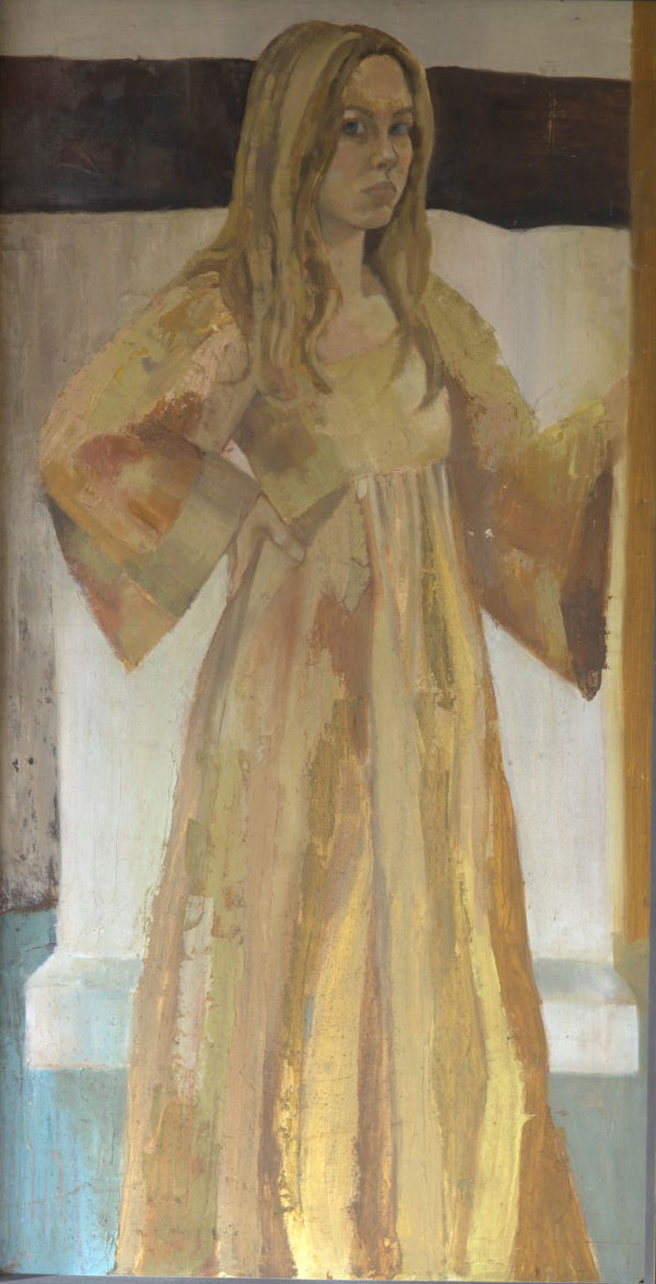 Three quarter portrait of lady with shoulder length hair in yellow dress.